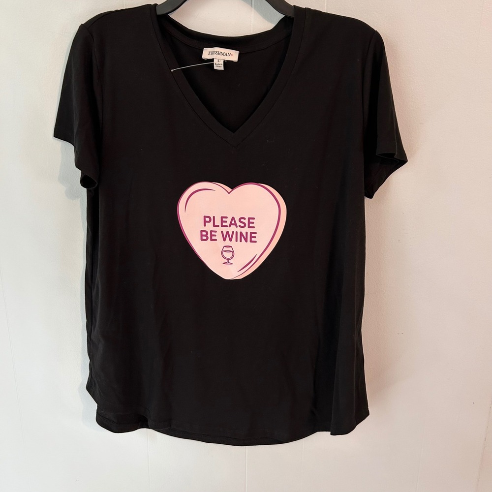 Freshman Womens Black Please Be Wine Conversation Heart Graphic V-Neck Tee L
